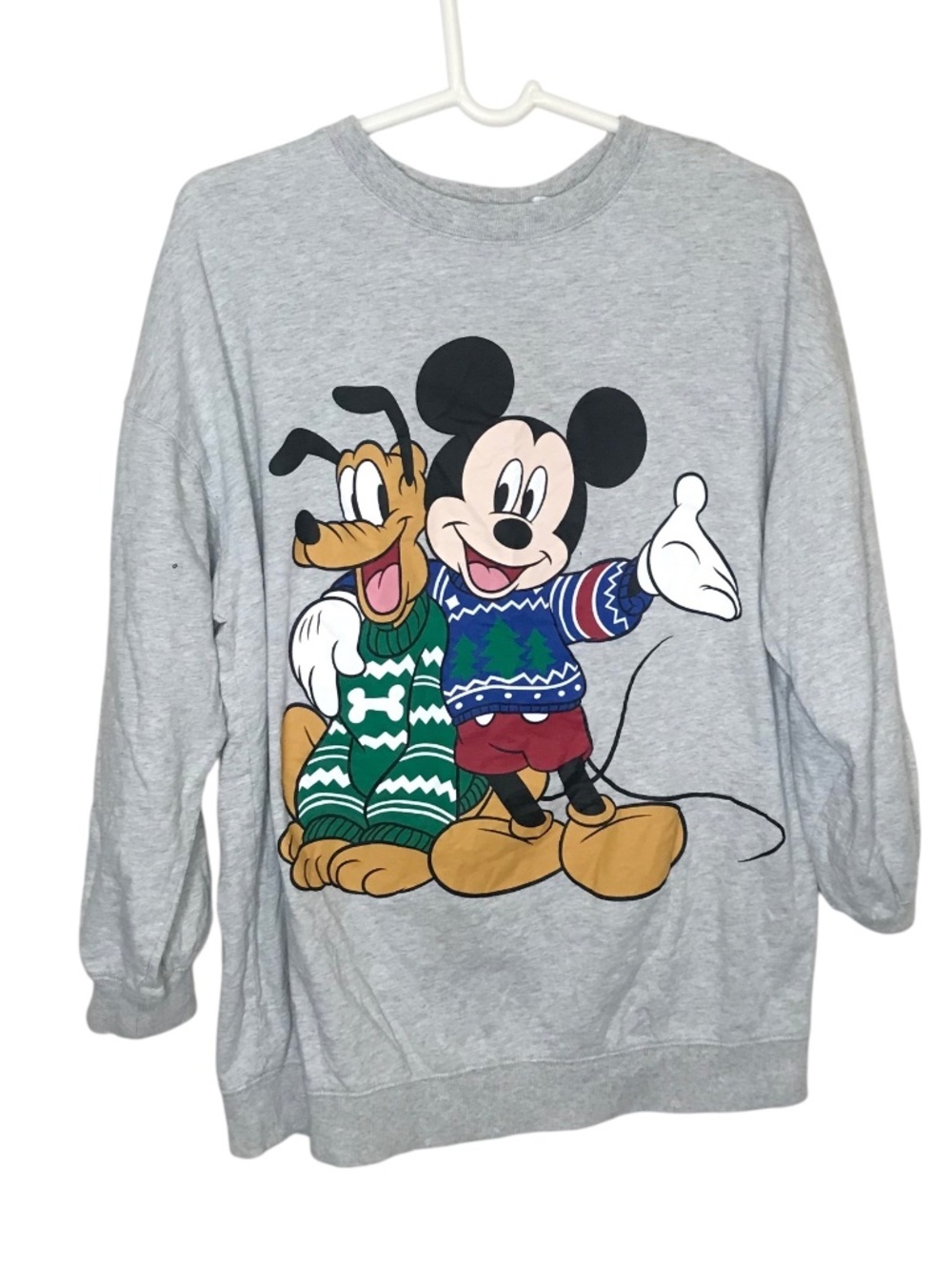Disney Mickey Mouse & Pluto Christmas Sweatshirt Gray Holiday Graphic Pullover